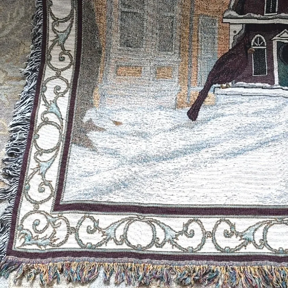 Vintage Christmas Cardinal Winter Village Scene Woven Tapestry Throw Blanket
